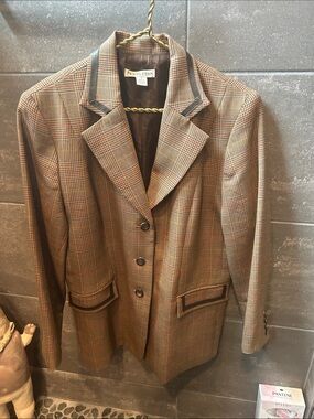 Ladies Pendleton Brown Plaid Wool Blazer with Red, Blue, Green, Peach thread